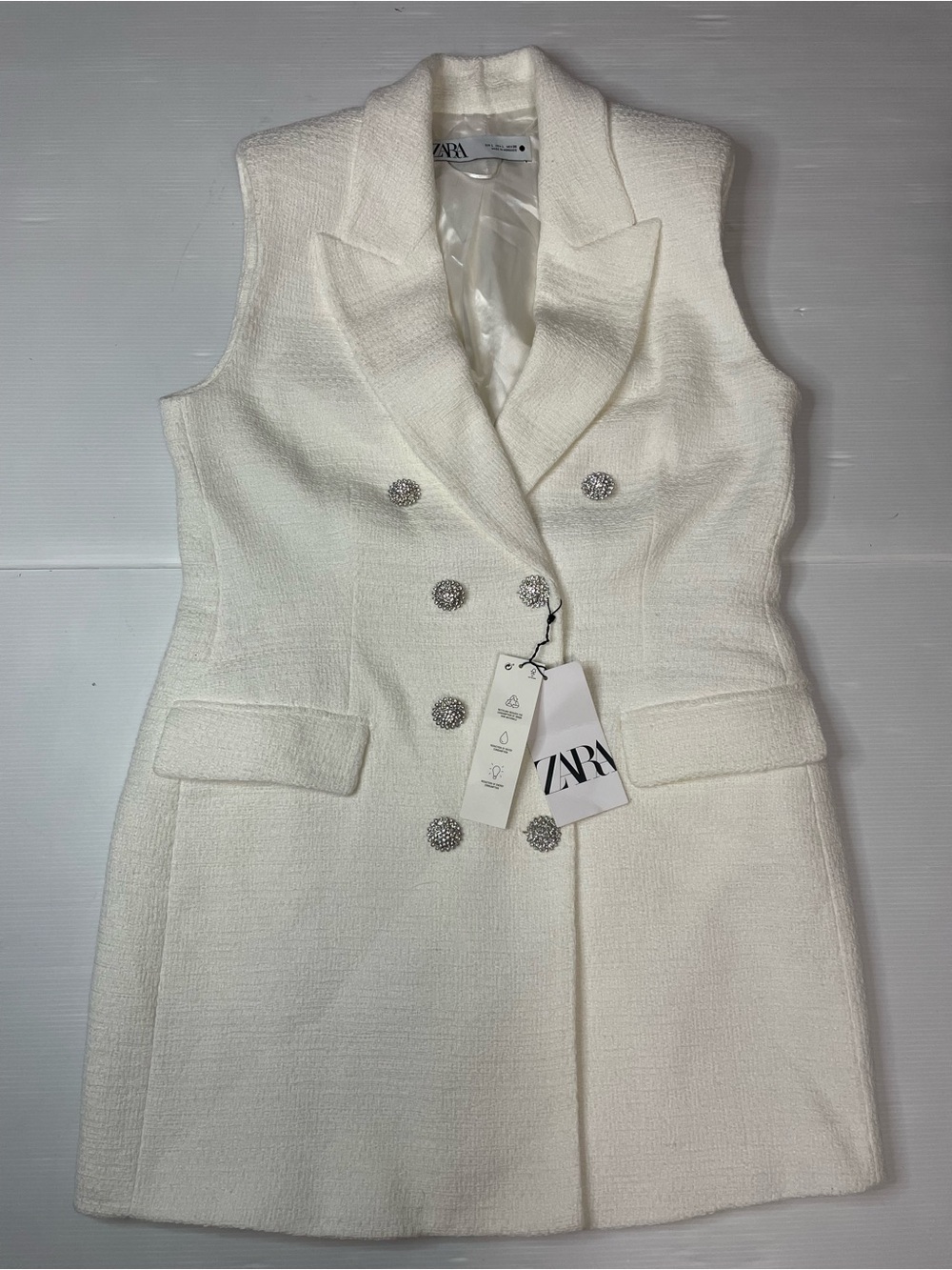 Zara White Tweed Textured Vest Waistcoat Blazer Dress Rhinestone Buttons Size L - Picture 2 of 11